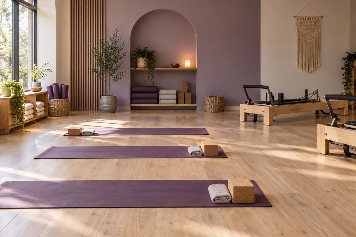 Illustrative Common Ground Movement studio with plum yoga mats, Pilates reformers and oak floors