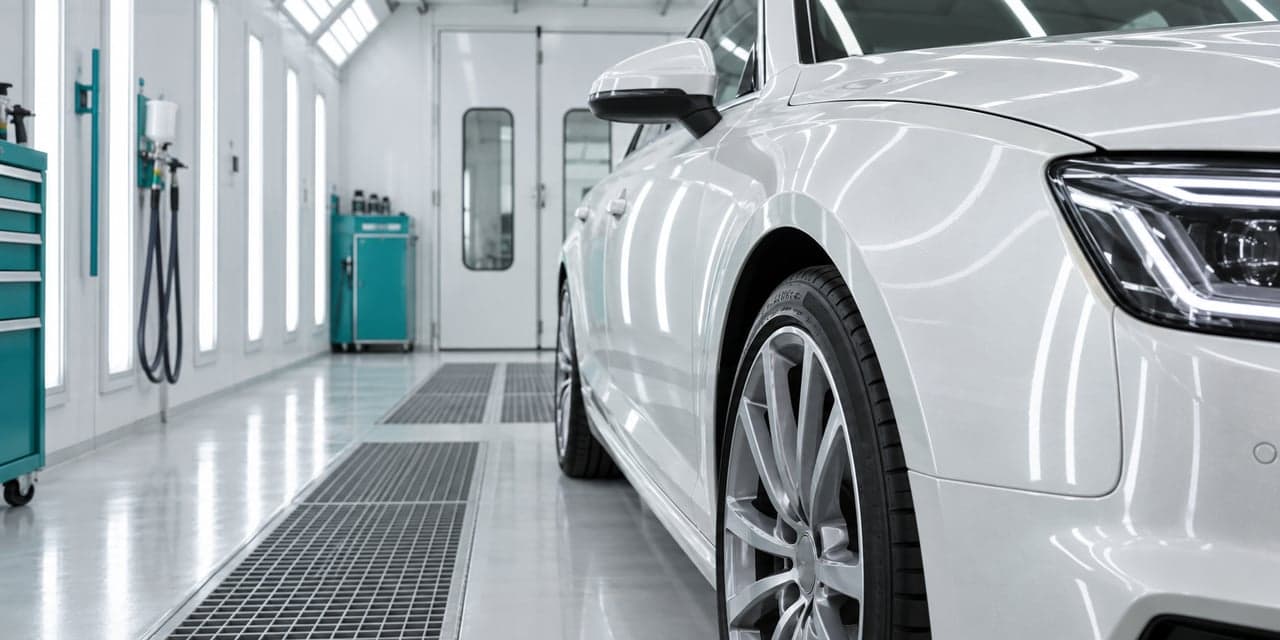 Illustrative Precision Bodyworks paint inspection bay with a white sedan and teal equipment